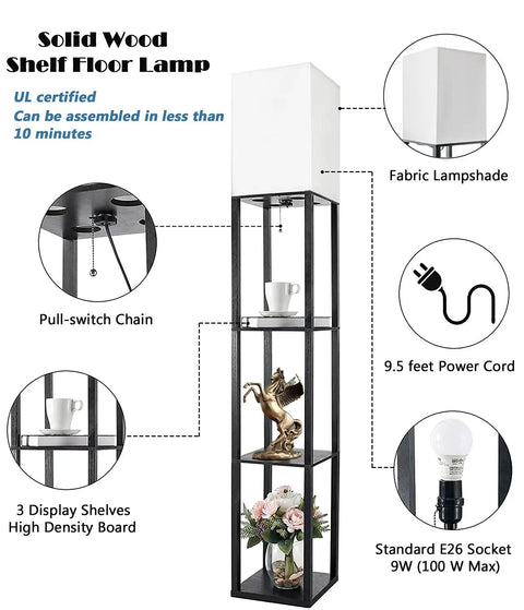 Floor Lamp With Shelves Modern Standing Shelf Light With 3 CCT LED Bulbs Built In Storage Shelves For Living Room Bedroom And Office Black Finish Sturdy No Tip Base with fabric lampshade and high-density board shelves.