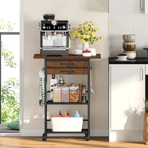 Five Tier Rolling Coffee Cart On Wheels With Two Large Drawers And Removable Dividers Extra Wide Coffee Bar Cart For Living Room Kitchen And Office Farmhouse Style Storage Station with coffee machine and jars.