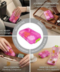 7 Day Pill Organizer With Color Coded Labels Travel Pill Case in pink used for travel and storage in car, bag, and home.