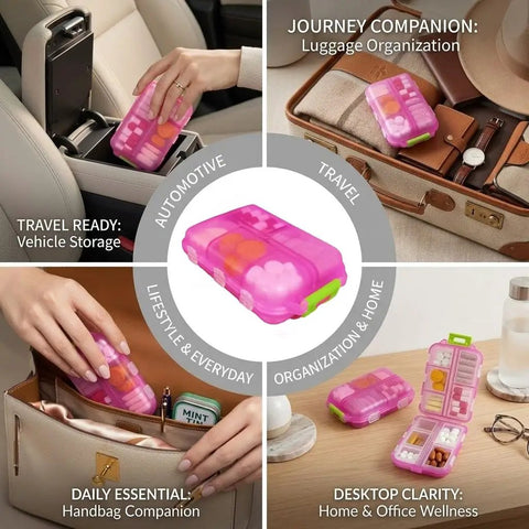 7 Day Pill Organizer With Color Coded Labels Travel Pill Case in pink used for travel and storage in car, bag, and home.