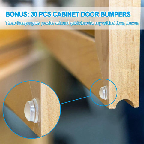 Close-up of a cabinet door with bumper pad, included in 30 Pack Inset Kitchen Cabinet Hinges For Face Frame Cabinets, Matte Black.