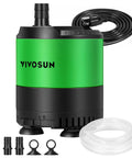 Submersible Water Pump 210 GPH 10W with adjustable flow, tubing, adapters, and ceramic shaft for aquariums and hydroponics.
