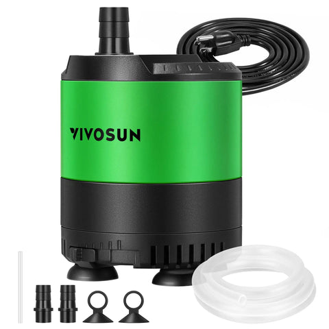 Submersible Water Pump 210 GPH 10W with adjustable flow, tubing, adapters, and ceramic shaft for aquariums and hydroponics.