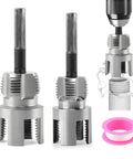 Dual Function Pipe Threading Tool For Drill Internal And External Threads With Half Inch And Three Quarter Inch Dies Rethreading And Cutting Tool That Delivers Quick No Fuss Pipe Threading For Home Workshop Or Pro Jobs with close-up of threading dies and tape