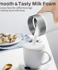 Pouring milk from 4 In 1 Electric Milk Frother And Warmer For Lattes And Cappuccinos into cup, white foam for coffee drinks