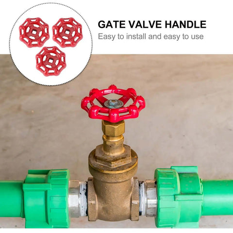 Red Cast Iron Gate Valve Handle Replacement Knob Set Three Pack Flat Bottom Shutoff Hand Wheel For Industrial Fluid Control Applications Workhorse Durable Heavy Duty Assemblies mounted on a valve.