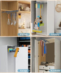 Pull Out Broom And Mop Holder With Sliding Double Row Hooks Multifunctional Wall Or Cabinet Storage Organizer in use across kitchen, laundry, garage, and wardrobe
