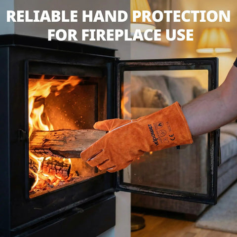 Heavy Duty 14 Inch Welding Gloves Heat Resistant Leather For Welding Fire Pit Campfire BBQ Grilling Oven Baking Mig Tig Stick Gear Gift For Dudes And Pros protecting hands while placing wood in a fireplace.