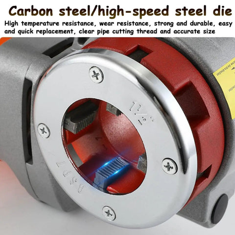 Powerful 2300W Electric Pipe Threader Kit For Plumbing Pros showing carbon steel die with clear cutting thread and durable design.