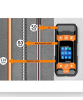 Handheld Wall Scanner And Deep Scan Metal Stud Finder With Automatic Calibration showing scan readings for AC and metal types in drywall.