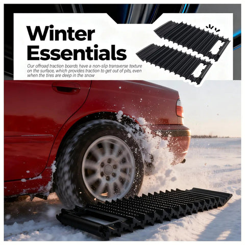 Heavy Duty 2 Pack Car Tire Traction Mats Featuring Non Slip Grip And Compact Handles Versatile Winter Recovery Tracks, in snow below a spinning tire.