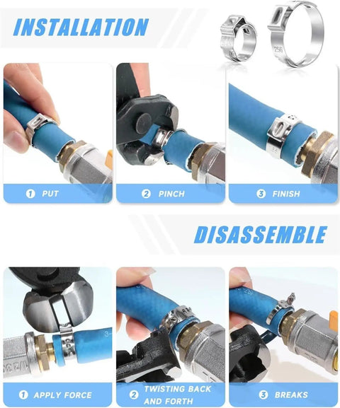 Installation and disassembly steps for 120 Piece Stainless Steel Single Ear Hose Clamp Kit With Pincer Tool, 12 Sizes