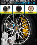 Wheel Lock Removal Kit With Master Key For Porsche And VW Touareg showing different socket patterns on alloy wheel