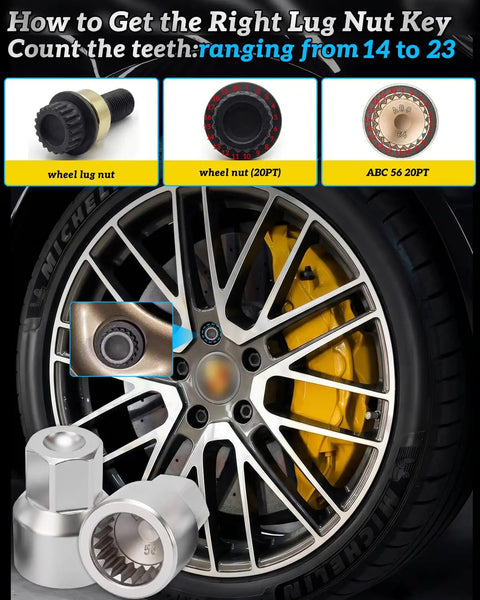 Wheel Lock Removal Kit With Master Key For Porsche And VW Touareg showing different socket patterns on alloy wheel