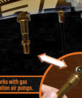 Brass No Fuss Presta To Schrader Valve Adapters Set Pack Of 5 With 10 Caps For Bikes, E-Bikes, And E-Scooters shown with pump compatibility