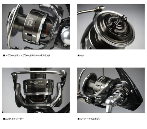 Close-up of Catalina 5000 Spinning Reel For Saltwater Anglers showcasing spool, gear system, and details in black finish, Japan import.