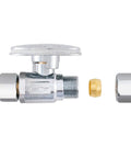 No Sweat Retrofit Angle Stop Valve Featuring Smooth Quarter Turn Operation And Knockout Leak Proof Seals For Lightning Fast Faucet Upgrades And Under Sink Plumbing Projects Chrome Finish with lead free brass fittings.
