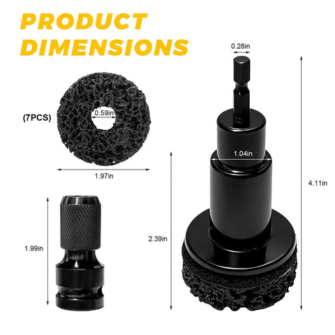 Grease Monkey Approved Wheel Hub Cleaning Kit With Drill Adapter and Seven Abrasive Pads showing product dimensions and sizes.