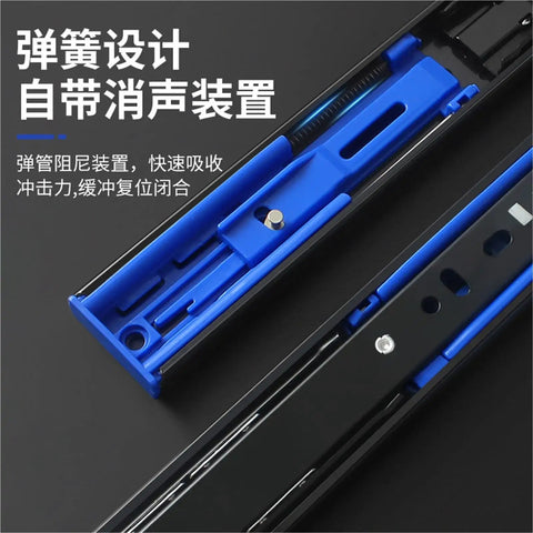 Heavy Duty Wide Buffer Drawer Slide Rails 16 Inch Black Steel Ball Bearing Guide Three Section Rebound Designed For Soft Close Operation In Cabinets And Dressers Two Pack With Full Extension For Quiet Smooth Glide And Reinforced Steel Construction close-up