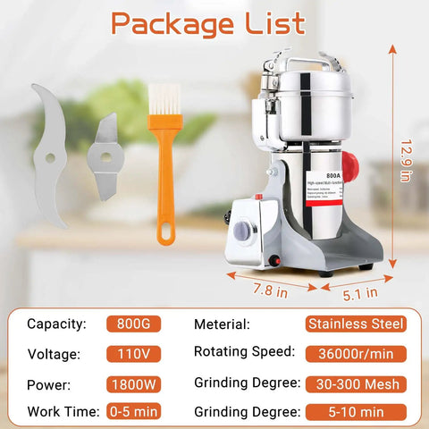 Heavy Duty 1800W Electric Grain Mill Grinder With 36000 Rpm High Speed Motor And 800g Stainless Steel Capacity for herbs and grains
