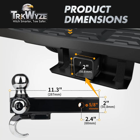 All In One Tri Ball Trailer Hitch With Chrome Plated Finish dimensions and receiver fitment details