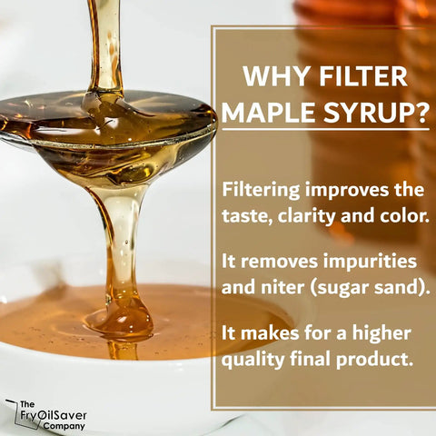 Pouring maple syrup through filter highlights benefits for taste, clarity, and color improvement with Fryer Oil Filter Stand.