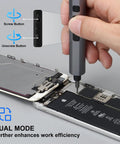 Mini Electric Screwdriver Kit 29 In 1 With 24 Magnetic Bits For Precision Cordless Repairs being used on a phone