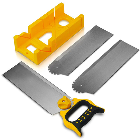 4-Piece Miter Box And Saw Set With A 3.95 Inch By 12 Inch Extra-Wide Miter Box And Three Saws For Heavy-Duty Cuts, includes saws