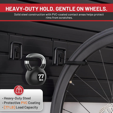 Locking Slatwall Bike Hooks Set Heavy Duty Wall Mount Bicycle Hanger with PVC coating shown holding a bike wheel