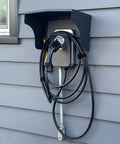 EV Charger Protective Cover Heavy Duty Rust Proof Steel Shell Weatherproof Enclosure For Electric Vehicle Stations with charging cable mounted on wall.