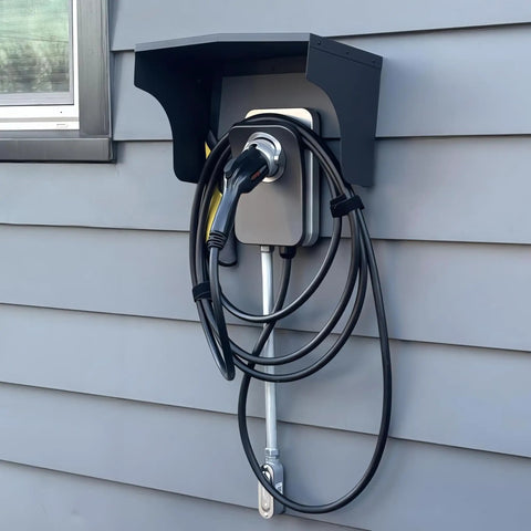 EV Charger Protective Cover Heavy Duty Rust Proof Steel Shell Weatherproof Enclosure For Electric Vehicle Stations with charging cable mounted on wall.