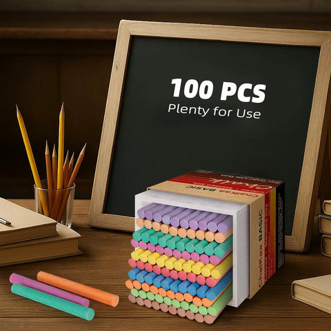 Colorful Dustless Chalk Set 100 Pieces In 10 Rich Colors Non Toxic For Classrooms Teachers And Students Kid Tested And Classroom Friendly For Chalkboards And Whiteboards Everyday Learning displayed on a desk with pencils and a chalkboard.
