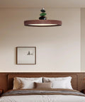 Mid Century Modern Pendant Light 15.8 Inch Wood Grain Finish Dimmable Led Island Lamp With Handheld Remote And Three Color Modes above a bed