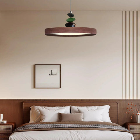 Mid Century Modern Pendant Light 15.8 Inch Wood Grain Finish Dimmable Led Island Lamp With Handheld Remote And Three Color Modes above a bed