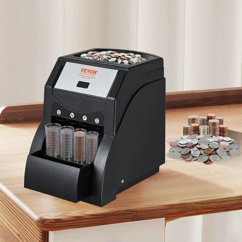 Efficient US Coin Sorter And Wrapper Machine With Four Large Coin Tubes, Sorts Pennies Nickels Dimes Quarters, Pro Grade Performance Handles Up To 230 Coins Per Minute, Black on table, coin piles visible