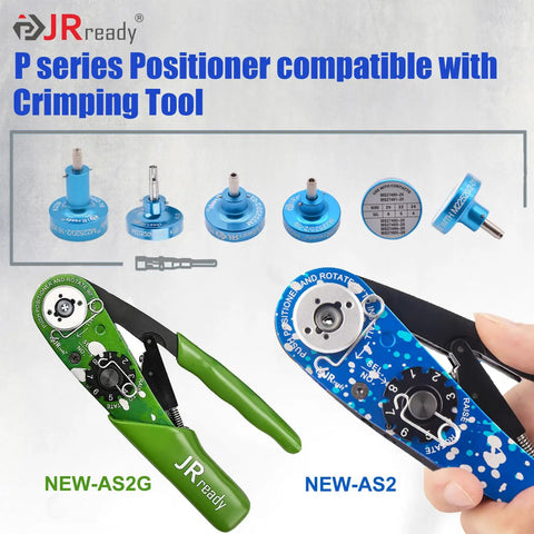 JRready P209 Crimping Tool Positioner Head For AS22520/2-01 Plies To Fit Mil Spec Terminals M39029/58 Series with blue and green handles.