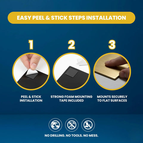Easy peel and stick installation steps for Classic Framed Fire Extinguisher Sign In Brushed Gold Small Size No Tools Needed