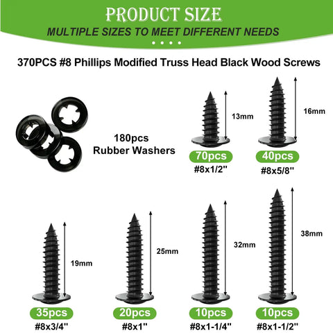 Ready For The Grind 370 Piece Phillips Truss Head Black Wood Screws With Rubber Washers Rustproof Zinc Plated Self Tapping Fastener Kit showing various screw sizes and rubber washers.