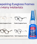 Clear Glasses Frames Glue For A Fast Fix And Bonding, Instant Strong Adhesive bottle next to various eyeglass frame materials