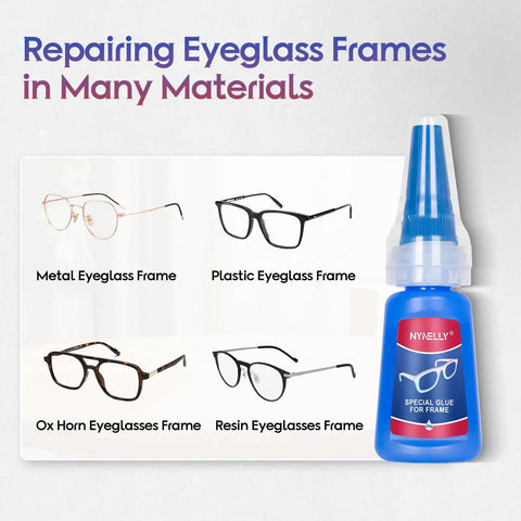 Clear Glasses Frames Glue For A Fast Fix And Bonding, Instant Strong Adhesive bottle next to various eyeglass frame materials