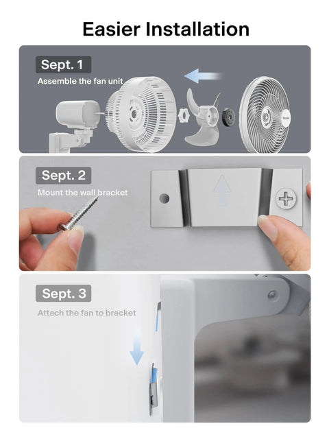 Installation steps for 14 Inch Wall Mount Oscillating Fan With Remote Control, showing fan assembly, bracket mounting, and attachment.