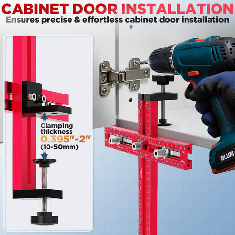 Red adjustable cabinet hardware jig for precise hole alignment in knobs and handles DIY cabinet install drill guide template