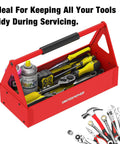 Red Portable Metal Tool Box Tote Tray For Mechanics And DIY Pros On The Go Durable Versatile Storage Organizer That Fits Wrenches Sockets Pliers And Electrician Gear, red steel tray with EVA handle holding tools