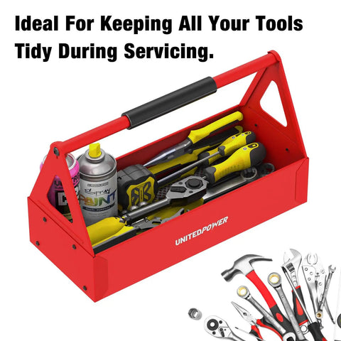 Red Portable Metal Tool Box Tote Tray For Mechanics And DIY Pros On The Go Durable Versatile Storage Organizer That Fits Wrenches Sockets Pliers And Electrician Gear, red steel tray with EVA handle holding tools