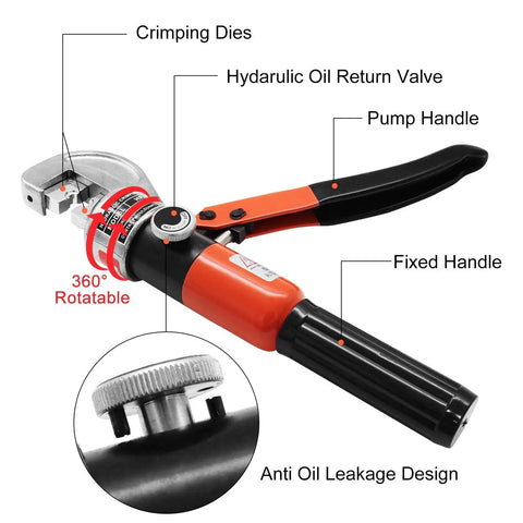 Diagram of Beefy 10 Ton Hydraulic Cable Crimper Tool For 1/8 And 3/16 Stainless Steel Cable Railing Fittings With Smart Pressure Release.