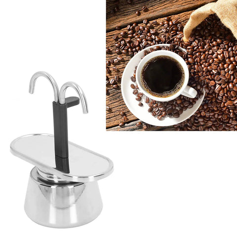 Straight Up Barista Quality 100 Ml Stainless Steel Moka Pot Espresso Maker with thick filter beside coffee cup and beans.