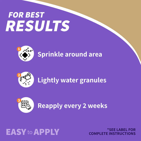Instructions for applying Deer And Rabbit Repellent Granules For Lawn And Garden Ready To Use No Fuss 3 Lb Bag Deters Pests.