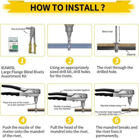 Installation guide for All In One Aluminum Pop Rivet Kit 100 Pcs Large Flange Blind Rivets Assortment 11 Diameters and Lengths in 1/8 in 5/32 in 3/16 in Built for Auto Aircraft Marine Rails and DIY Projects illustrating steps with images.