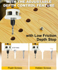 Carbide Tipped Countersink Drill Bit Set With Low Friction Depth Stop And Adjustable Pilot Quarter Inch Quick Change Hex Shank in use showing flush and hidden screws.