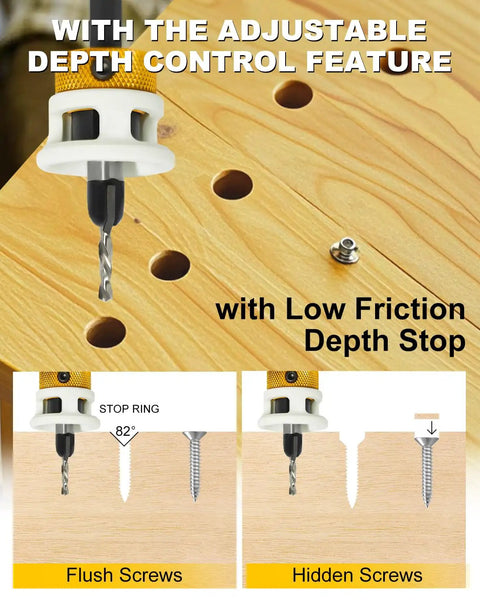 Carbide Tipped Countersink Drill Bit Set With Low Friction Depth Stop And Adjustable Pilot Quarter Inch Quick Change Hex Shank in use showing flush and hidden screws.